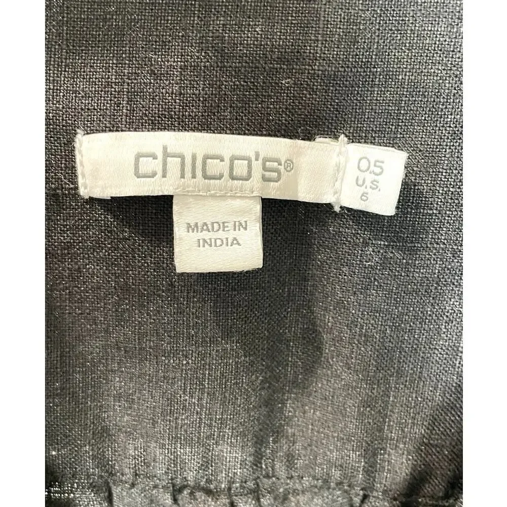 Chico’s 100% Linen Tiered Shirt Dress Black Ruffle Sleeve Pockets Size 0.5